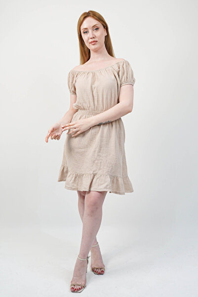 SİDE OTANTİK Rochie cremă cu fustă cu volan, cu talie elastică, cu umăr desch...