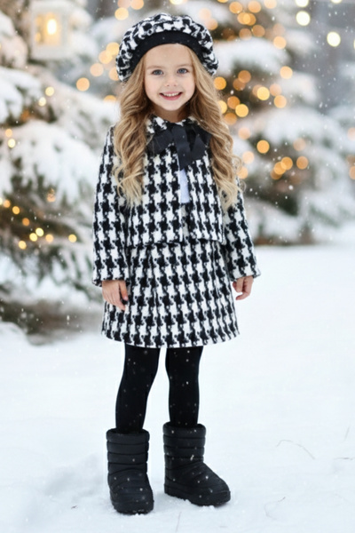 Parla Kids Girl's Santa Black White Plaid Bottom Top Skirt Jacket Set