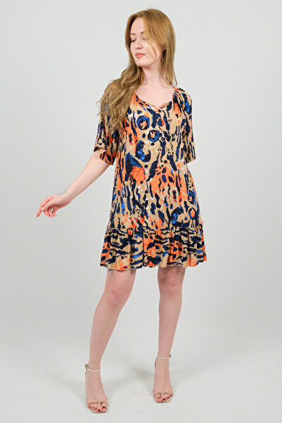 SİDE OTANTİK Viskon Desenli Volanlı Bej Elbise