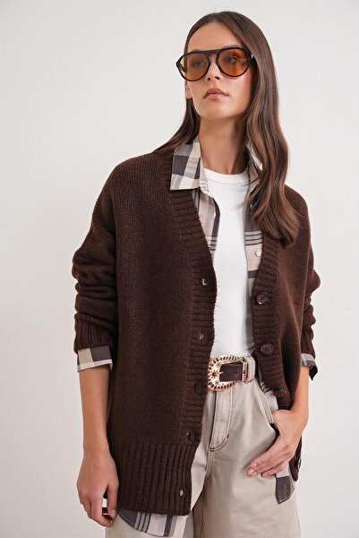 Mixray 6927 Γυναικεία ζακέτα με απαλή υφή, βασική πλεκτή ζακέτα καφέ