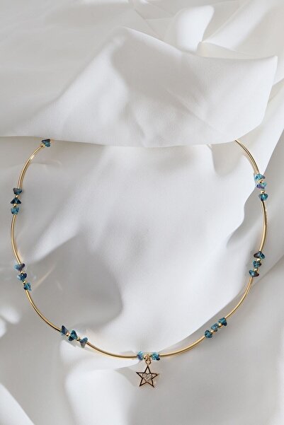 Süspüs Accessories Yıldız Uçlu Lacivert Boncuk Boru Detay Gold Kolye
