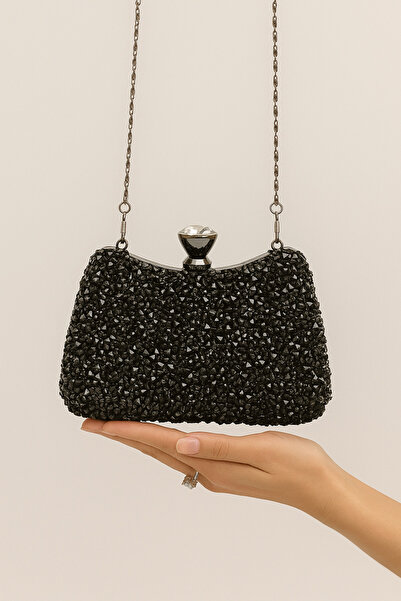 çantamgelsin Women's Scholarship Hand and Cross Chain Long Strap Crystal Stone Black Evening Dress Bag