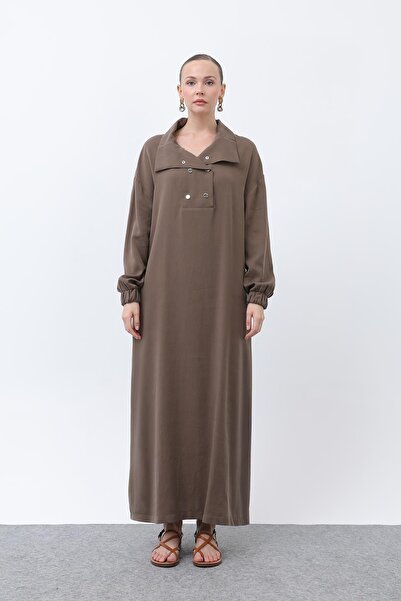 Puane Kadın Yakası Çıtçıt Detaylı Spor Elbise - 12615ELB - Kahve