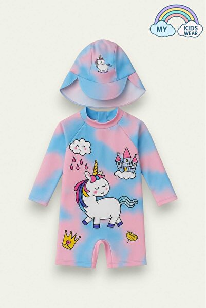 My Kids Wear Costum de baie pentru fetiță cu mânecă lungă și pălărie și fermoar