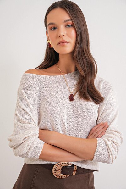 Mixray 6933 Women's Boat Neck Thin Seasonal Knitwear Sweater Sand Beige