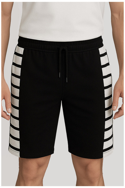 wingetstar Men's Black and White Striped Sports Bermuda Shorts – Lace-Up Pocket