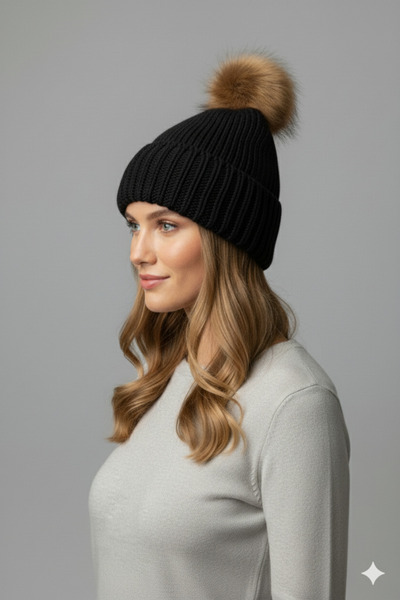 nettofit Women's Fur Pompom Wool Black Color Beret