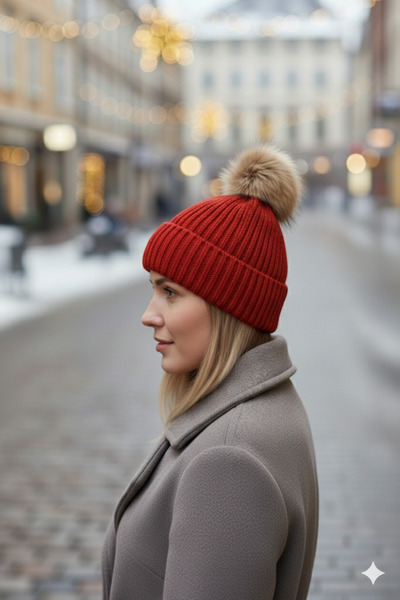 nettofit Women's Fur Pompom Wool Red Colored Beret