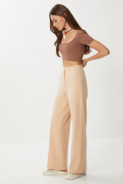Lovelyİstanbul Stitched Straight Polyviscon Pants Lgp0023 Dark Cream