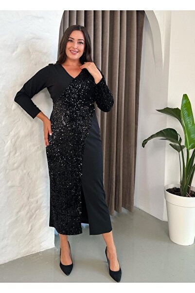 Butik Nilyam Великий розмір оксамитове паєтками прикрашене круазе максі вечірнє плаття - чорне 21105