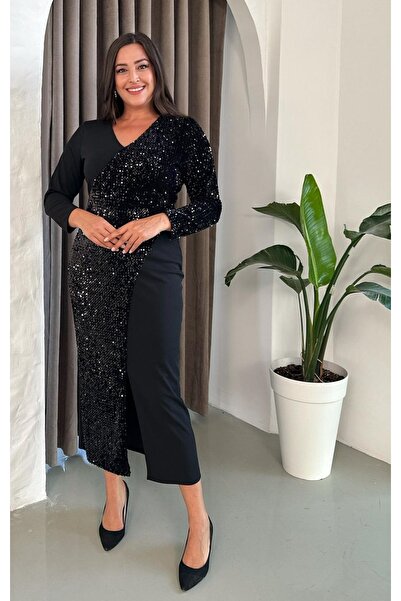 Butik Nilyam Великий розмір оксамитове паєтками прикрашене круазе максі вечірнє плаття - чорне 21105