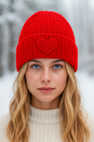 byebruketenci Kırmızı Yün Bere Kırmızı Kalp Simli Punch Detaylı Sevgililer Günü Hediye