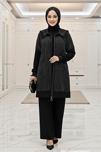 Mercan MUHTEŞEM TAŞLI TAKIM Siyah Taş Detaylı Tesettür İkili Takım Esnek Kristal Belis Kumaş