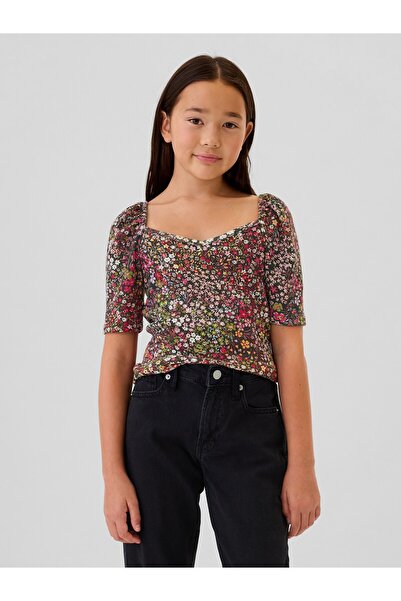 GAP Kız Çocuk Çok Renkli Kalp Yaka Balon Kol T-Shirt