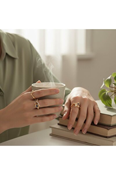 toptanhanem 3'lü Modern Vintage Yüzük Seti Altın Renk