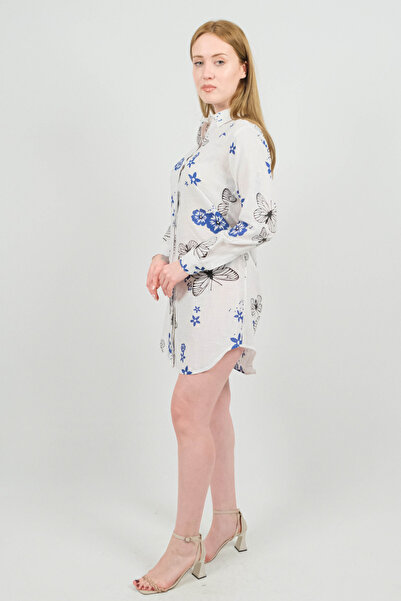 SİDE OTANTİK Butterfly Patterned Long Sleeve Linen White Shirt Tunic