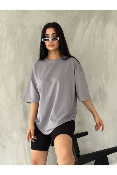 İLKCET MODA Unisex Açık Gri Oversize Kalıp Tok Kumaş Basic T-shirt
