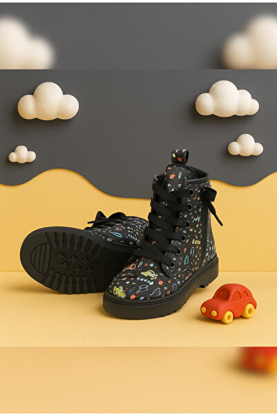 Zilvana Unisex Desenli Kışlık Çocuk Bot Fermuarlı Bağcıklı Rahat ve Esnek Tabanlı Günlük Siyah Bot