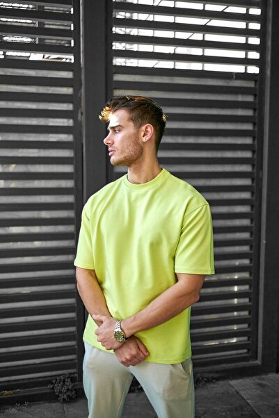 İLKCET MODA Unisex Neon Yellow Oversize Fit Tok Kumaş Basic T-Shirt