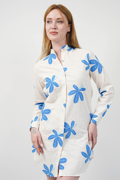 SİDE OTANTİK Blue Floral Patterned Linen High Neck Long Sleeve Mini Cream Shirt Tunic