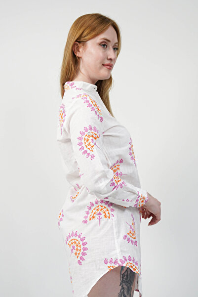 SİDE OTANTİK Floral Motif High Neck Side Buttoned Long Sleeve Linen White Shirt Tunic