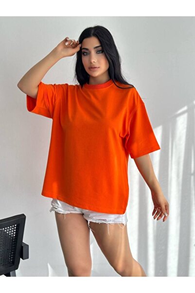 İLKCET MODA Uniszex narancssárga oversize szabású Tok Kumaş Basic póló