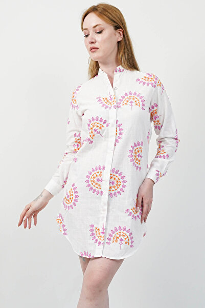 SİDE OTANTİK Floral Motif High Neck Side Buttoned Long Sleeve Linen White Shirt Tunic