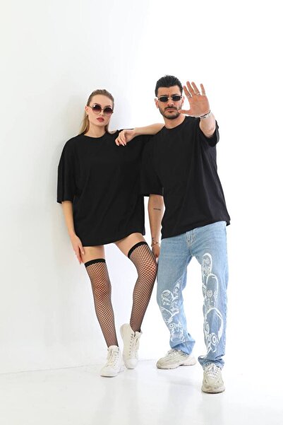 İLKCET MODA Unisex Μαύρο μπλουζάκι από ύφασμα Oversize Fit Tok Basic