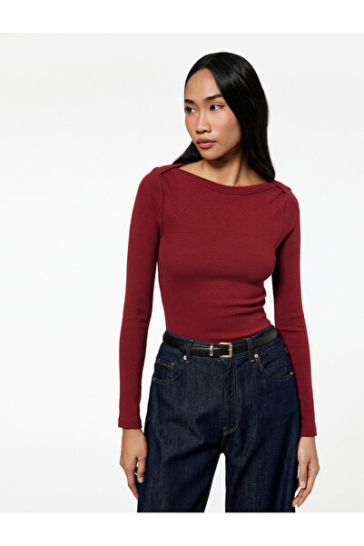 Koton Βαμβακερό μακρυμάνικο μπλουζάκι με λαιμόκοψη Slim Fit Basic