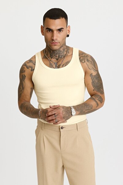 İLKCET MODA Ανδρικό αθλητικό εσώρουχο Premium Ribbed Slim Fit Cream ελαστικό