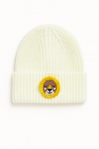 byebruketenci Beretă pentru copii din lână crem cu figurină leu - Detaliu per...