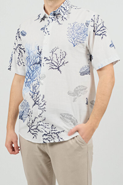 SİDE OTANTİK قميص رجالي أبيض من القطن بأكمام قصيرة منقوشة