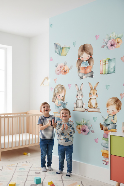 Kt Grup Діти, які читають книги, кролики та серця Набір наклейок пастельних к...