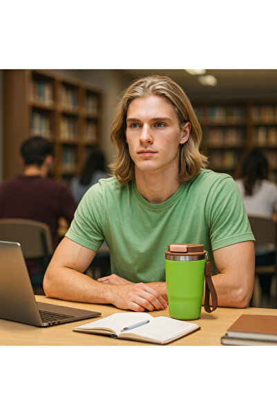 Tantitoni Pistachio Green 480 ml – 2'si 1 Arada Kapaklı Termos Bardak – Pipet...