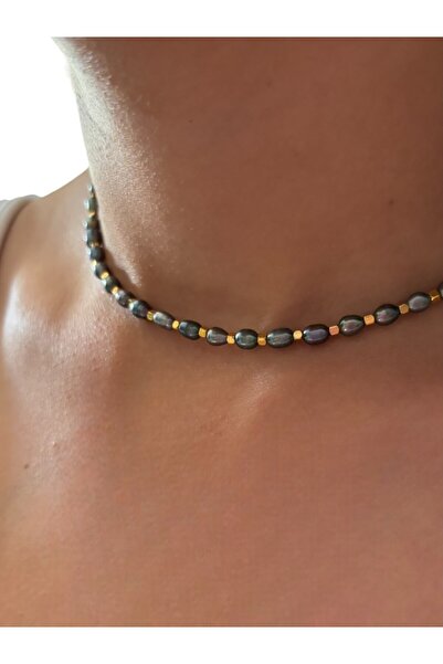 By Saadet Özkanlı Kadın Gerçek 3 Mm Siyah Arpa Küçük Pirinç Inci Kolye - Zarif Ve Şık Tasarım Gerçek Inci