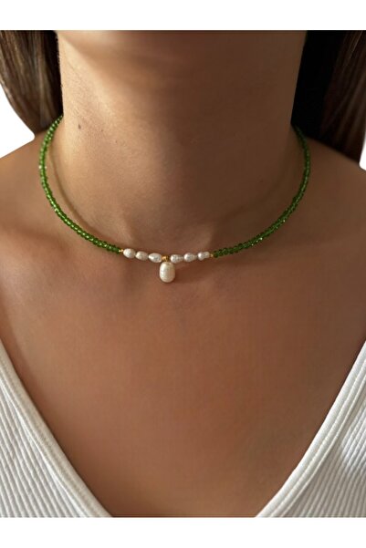 By Saadet Özkanlı Kadın Arpa Kum Inci Kolye Yeşil Kristalli ( Gerçek Inci Tatlısu Incisi ) Choker