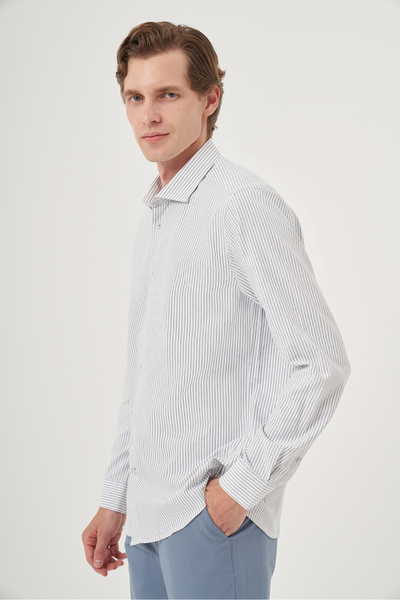 Morven Чоловіча темно-синя сорочка Slim Fit з лінійним візерунком і жорстким спортивним коміром