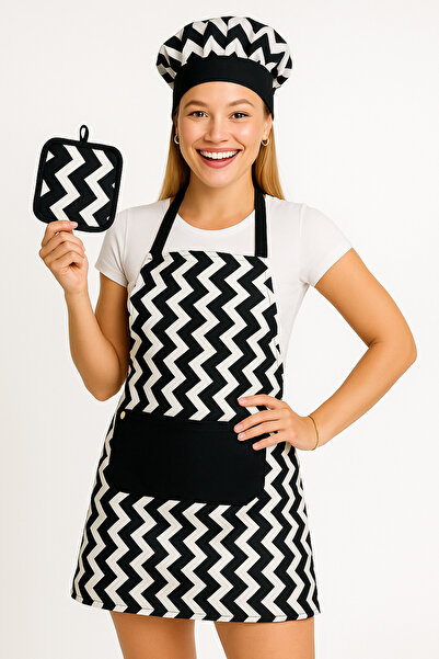 Emrem Home طقم مريلة مطبخ طويل بونيه وحامل / مقاوم للبقع وطارد للماء متعرج باللونين الأبيض والأسود
