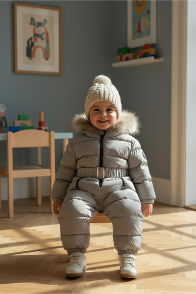 HÇ Hülya Çelik KİDSWEAR 2018 Bebek Astronot Tulum Kürk Kapüşonlu Gri Tulum