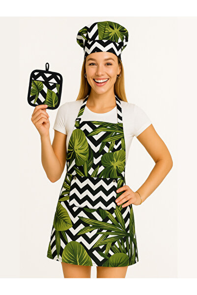 Emrem Home Uzun Mutfak Önlüğü Bone, Ve Tutaç / Leke Tutmaz Ve Su Itici Tropik...