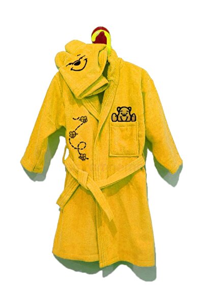 Emrem Home 1 - 2 سنة للأطفال - رداء حمام للأطفال / حديثي الولادة / رداء بومفول 100% قطن مطرز باللون الأصفر