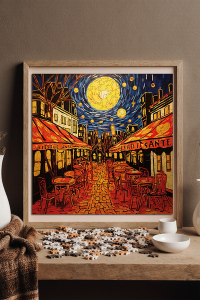 WePuzzleUp Ahşap Puzzle - Van Gogh Kafe Terasta Yıldızlı Gece Reprodüksiyonu - 353 Parça, 29x29 cm