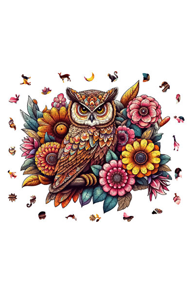 WePuzzleUp Ahşap Puzzle - Çiçekli Baykuş - 300 Parça, 29x33 cm