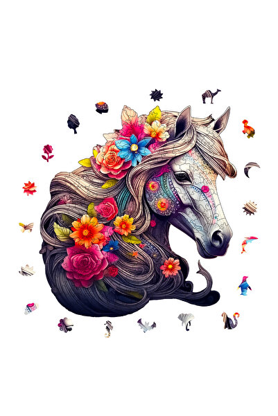 WePuzzleUp Ahşap Puzzle - Çiçek Yeleli At Figürü - 210 Parça, 27x29 cm