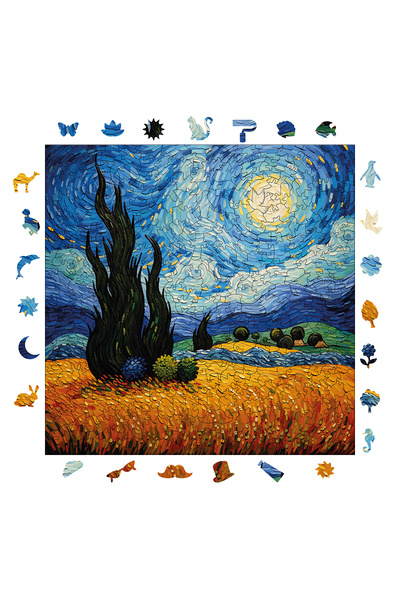 WePuzzleUp Ahşap Puzzle - Van Gogh Yıldızlı Gece Reprodüksiyonu - 353 Parça, 29x29 cm