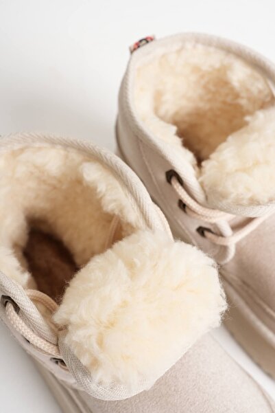Esilapark heribo krem ekru bej süet kadın içi yünlü kalın tabanlı bağcıklı kürklü lukury süet bot