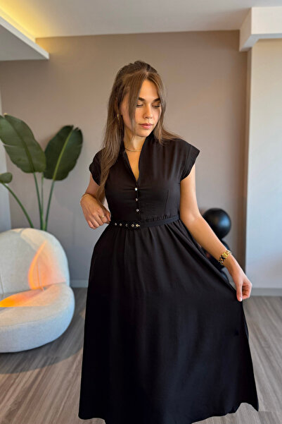 Aventien Hakim Yaka Kemerli Siyah Midi Elbise