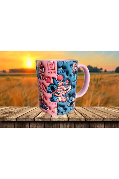 Mugs and love Stitch Baskı Büyük Boy Porselen Kupa