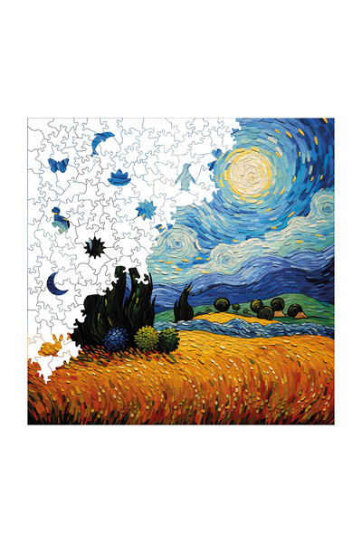 WePuzzleUp Ahşap Puzzle - Van Gogh Yıldızlı Gece Reprodüksiyonu - 353 Parça, 29x29 cm