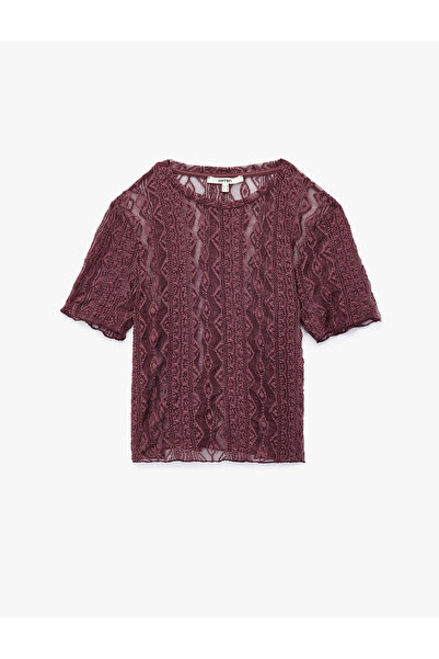 Koton Ημιδιαφανές μπλουζάκι με κοντό μανίκι με λαιμόκοψη με δαντέλα